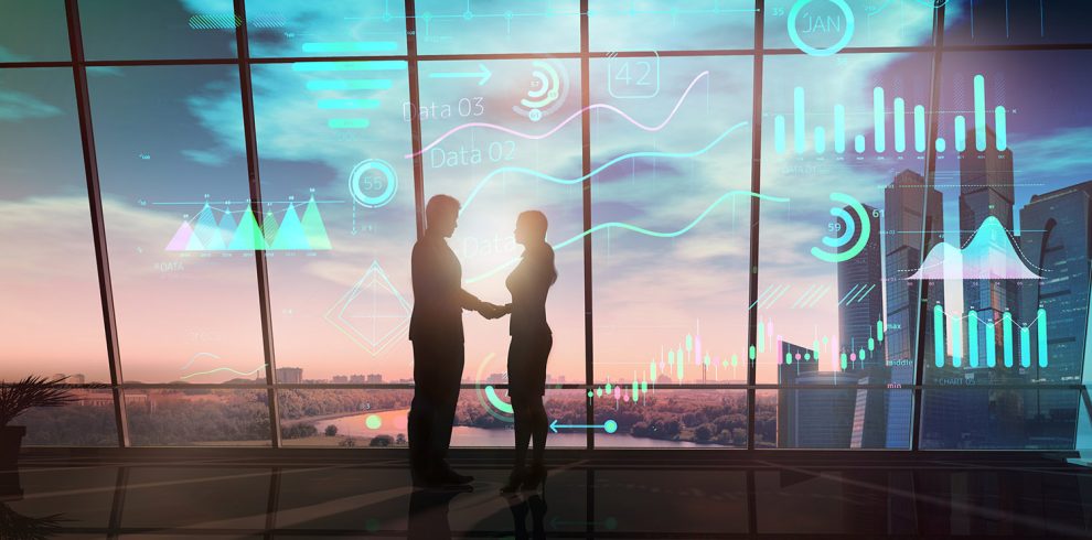 Businessmen shake hands in office on infographic background.